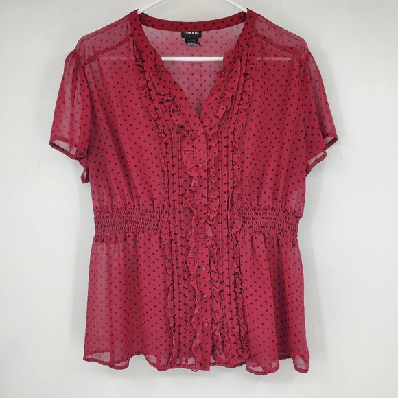 Torrid Red and Black Polka Dotted Victorian Vampire Whimigoth Ruffle Shirt 1X - Picture 1 of 7